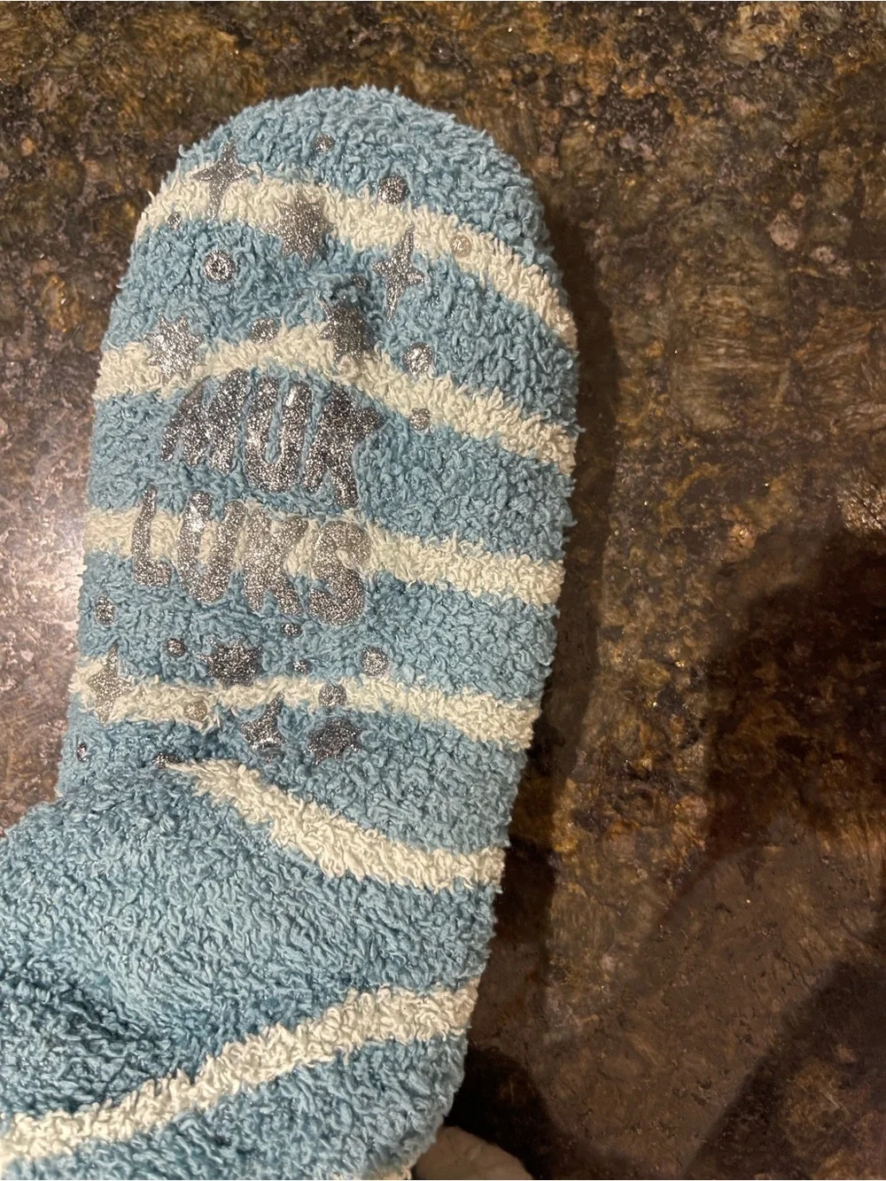 Muk Luks Blue and White Striped Sherpa Cuff Cozy Socks